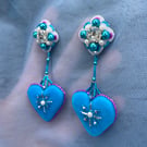 Unique hand embroidered Swarovski “Cyan chic” velvet heart earrings. Long, light