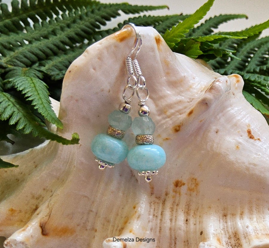 Dainty Blue Opal & Aquamarine Sterling Silver Earrings