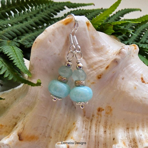 Dainty Blue Opal & Aquamarine Sterling Silver Earrings