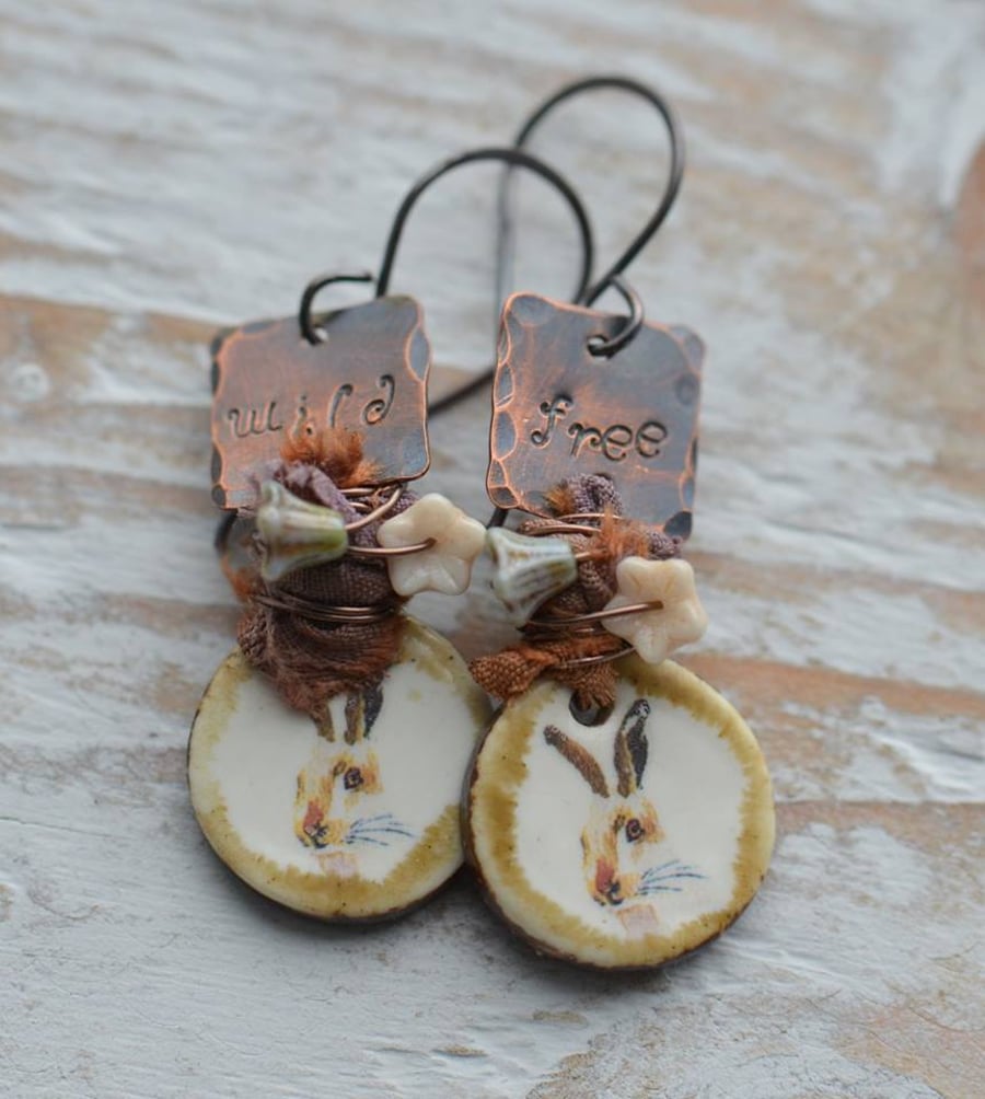 Handmade Hare Rabbit Ceramic and Copper Charm Earrings