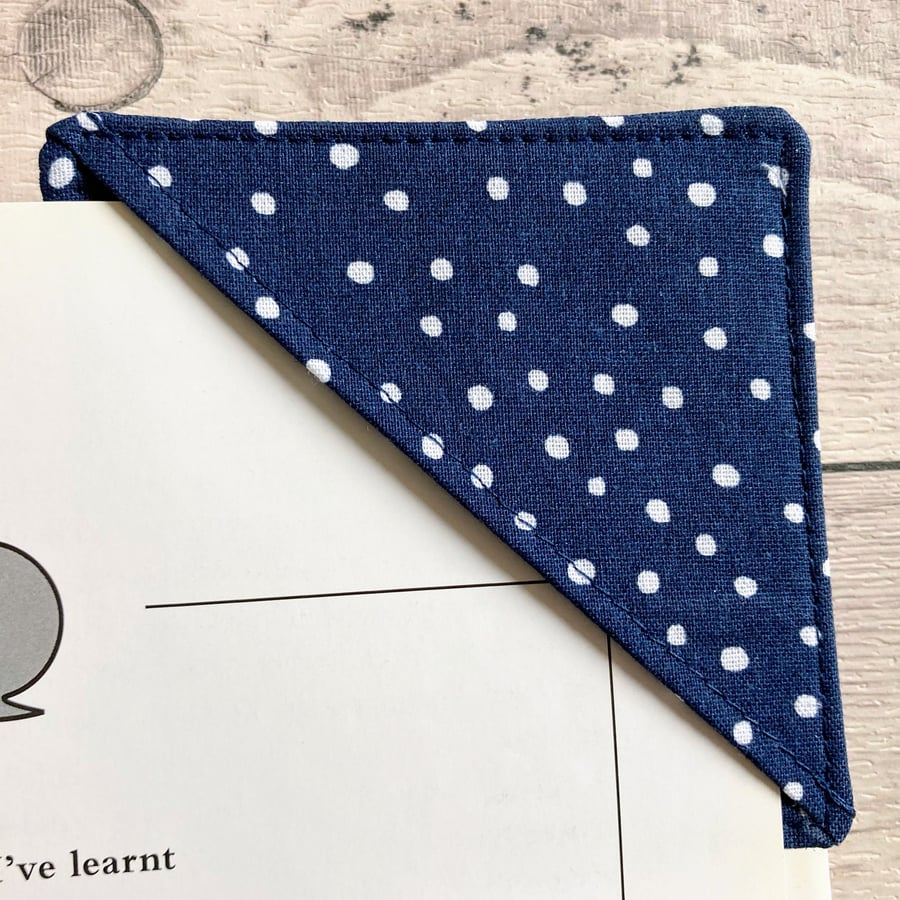 Corner bookmark. Polka dot blue and white. Cotton fabric. Book lovers gift.