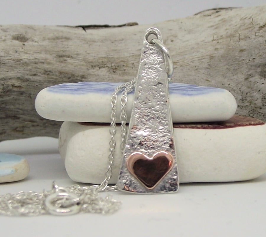 Silver and copper heart pendant necklace handmade heart