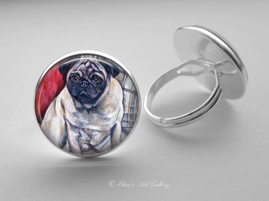 Silver Plated Pug Dog Art Glass Cabochon Ring