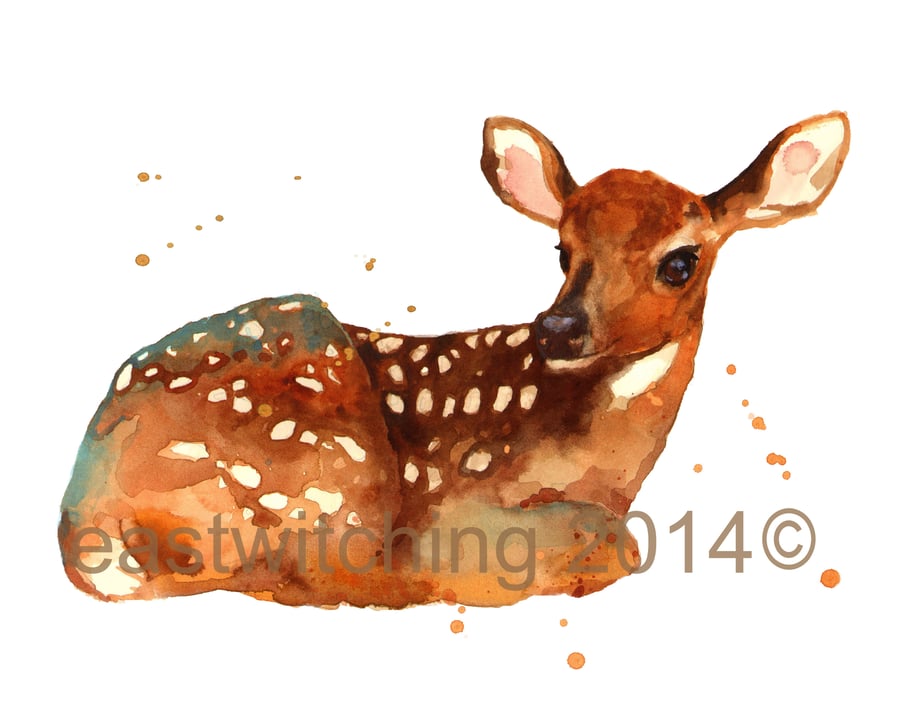 Watercolour Fawn print, deer painting, woodland nursery art, 8x10 print