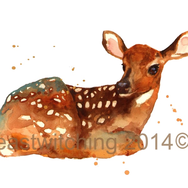 Watercolour Fawn print, deer painting, woodland nursery art, 8x10 print