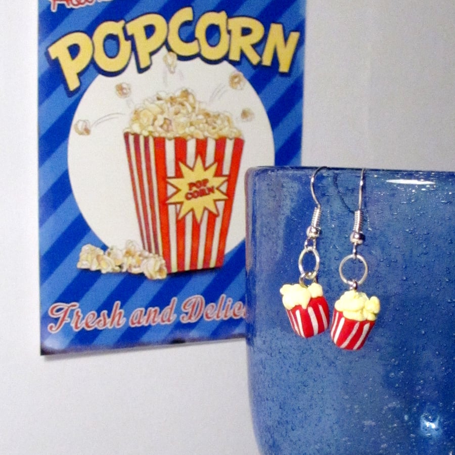 Retro diner popcorn box earrings STUD, DROP or CLIP ON, unique, handmade novel