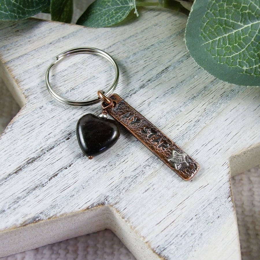 Bag Charm, Copper with Sterling Silver Star and Jasper Heart Gemstone