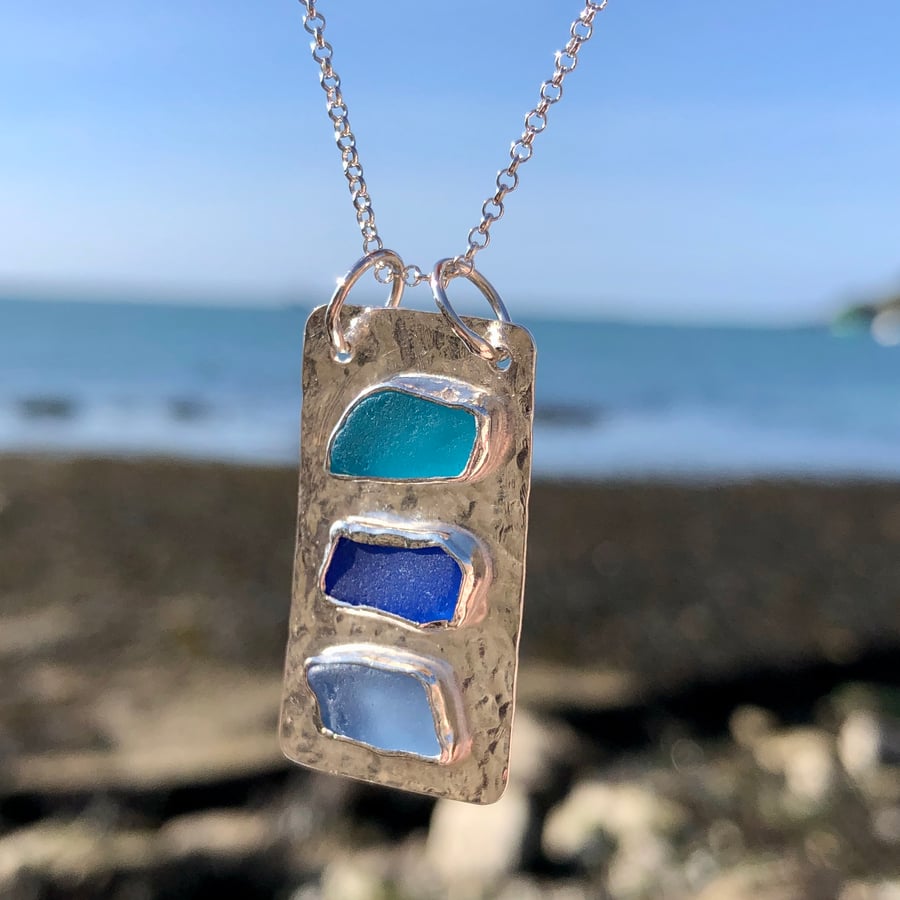 Trio of Blue Sea Glass and Textured Sterling Silver Pendant - 1026