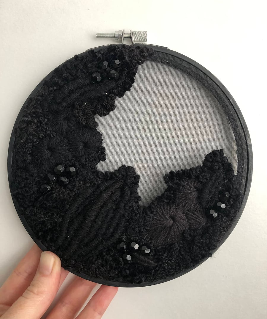 The black pearl a 6 inch hand embroidered art piece 