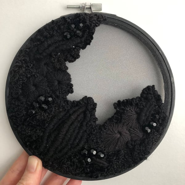The black pearl a 6 inch hand embroidered art piece 