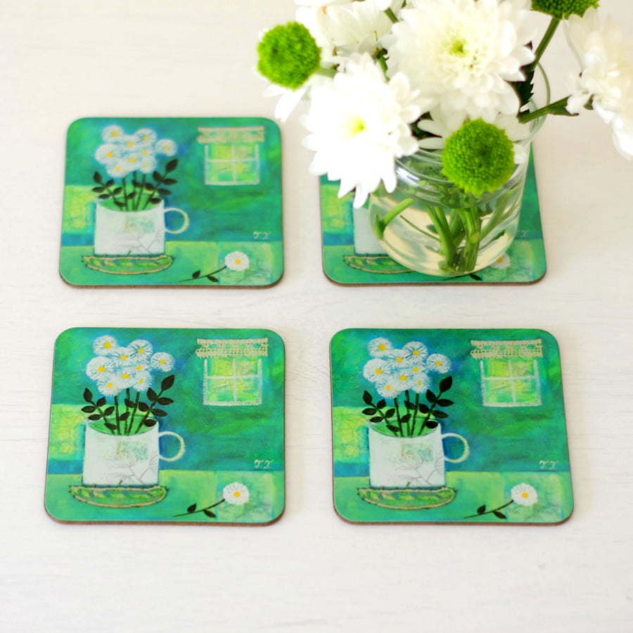 Turquoise Coasters Set of 4, Coasters with White Flowers