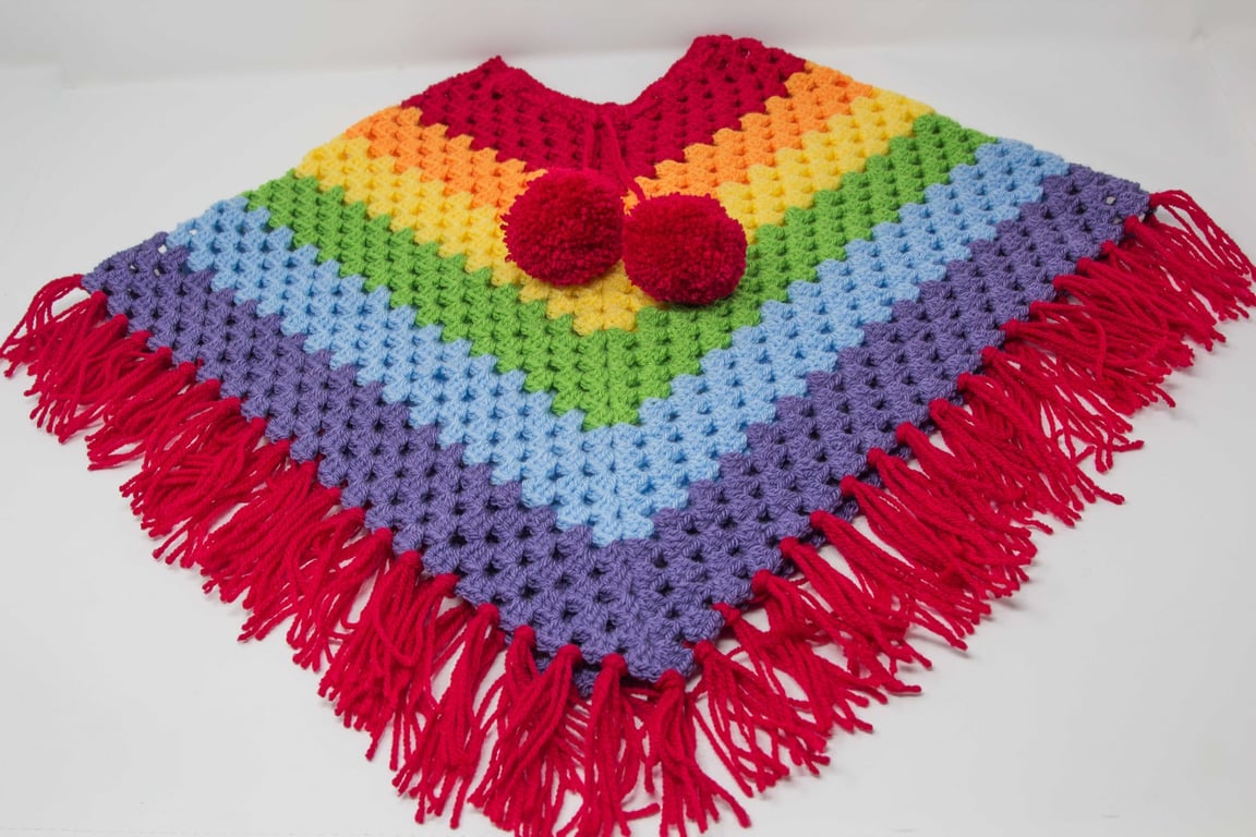 Hand Crocheted Rainbow Poncho  3 - 5 years