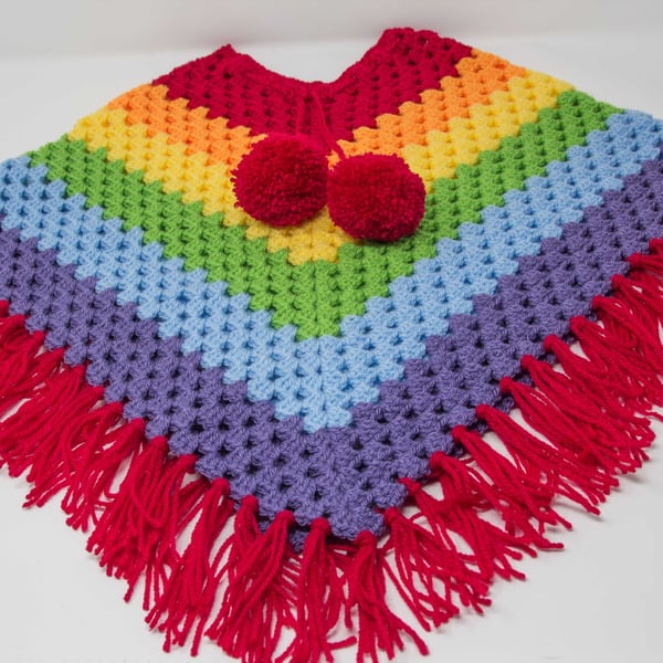Hand Crocheted Rainbow Poncho  3 - 5 years