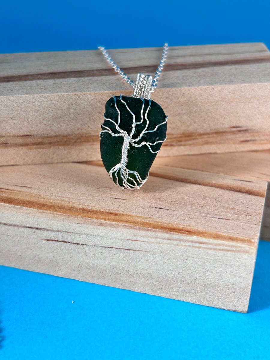 Scottish Sea Glass Pendant, Tree of Life design