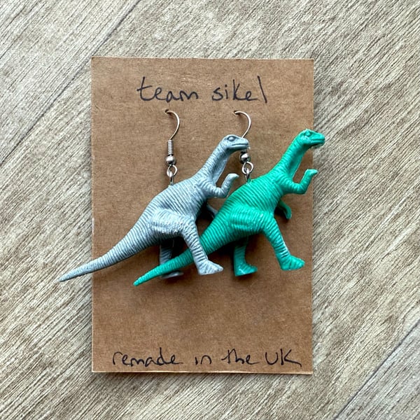 Grey and Teal Coleophysis Dinosaur Earrings - Upcycled from Toys
