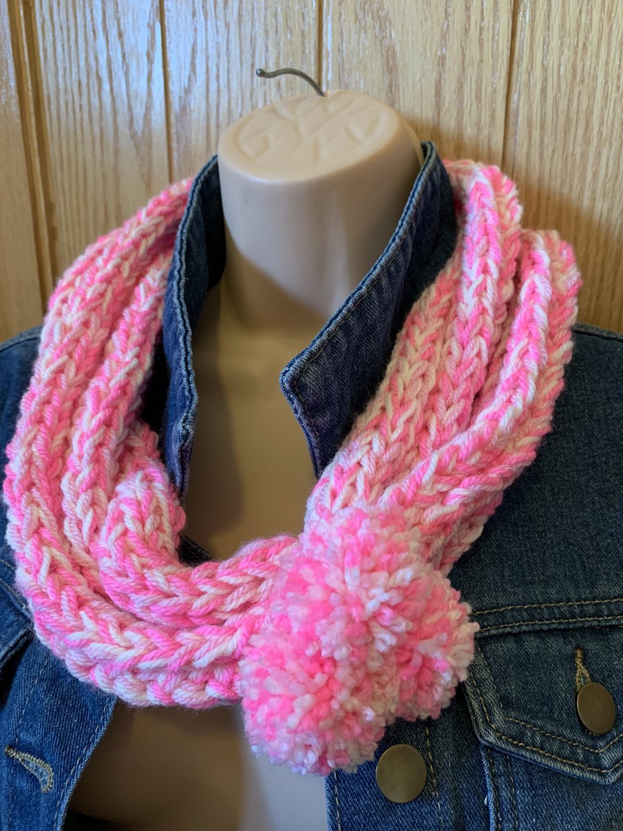 Hand Knitted Pink Cream Scarf Infinity Loop with pom poms pop on neck warmer