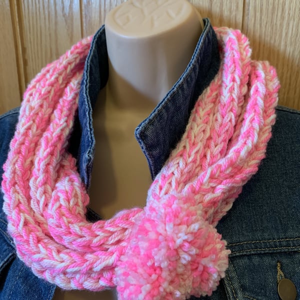 Hand Knitted Pink Cream Scarf Infinity Loop with pom poms pop on neck warmer