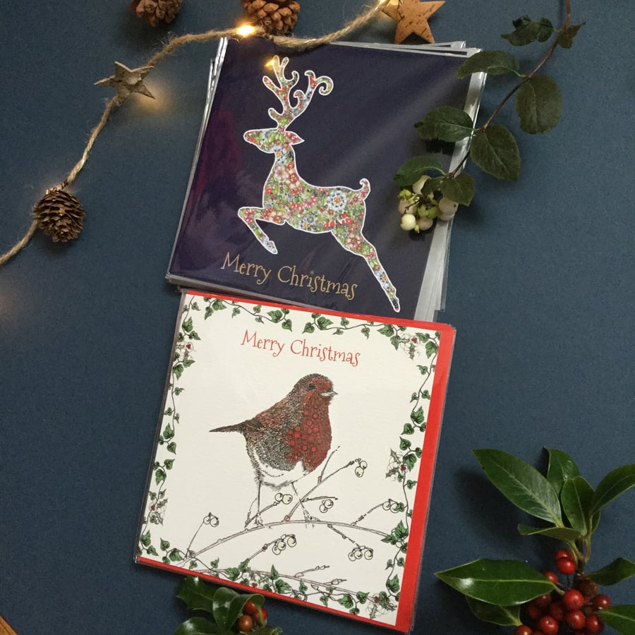 Stag and Festive Robin Christmas card pack x 6 