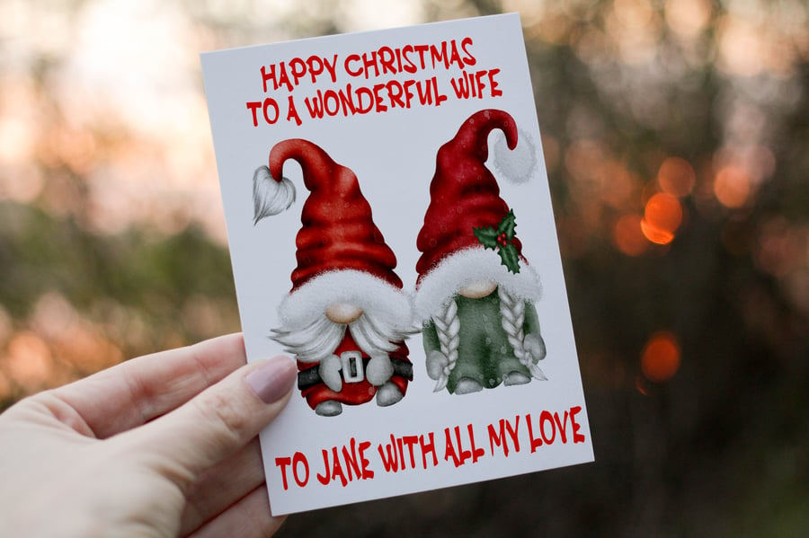 Wife Merry Christmas Gnome Christmas Card, Wife Christmas Card, Personalized 