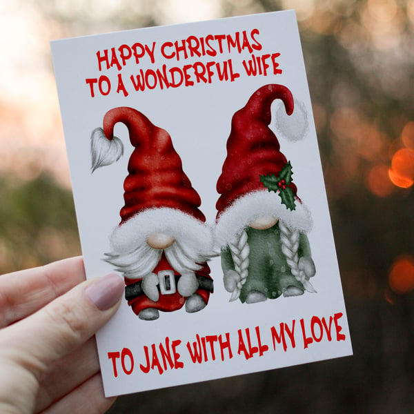 Wife Merry Christmas Gnome Christmas Card, Wife Christmas Card, Personalized 