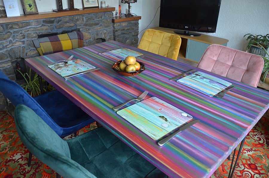 Rectangle Dining Table Candy Stripe Colours HandPainted Finish 140 cm x 80 cm 