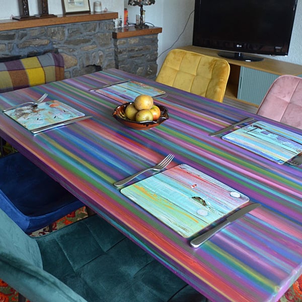 Rectangle Dining Table Candy Stripe Colours HandPainted Finish 140 cm x 80 cm 