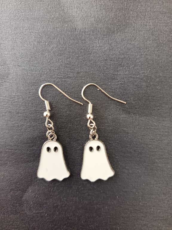 White and silver ghost charm dangle earrings 