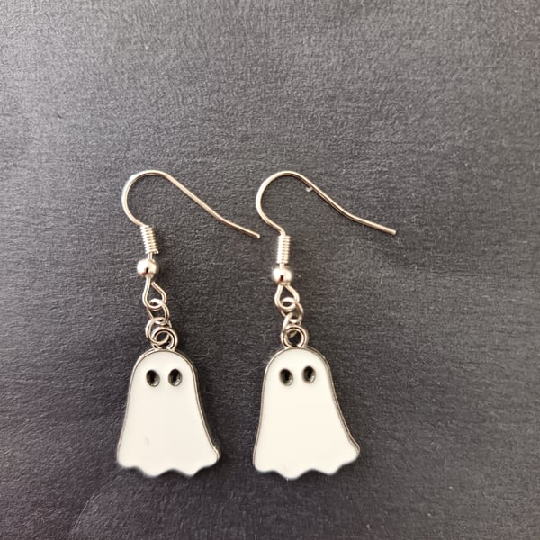 White and silver ghost charm dangle earrings 
