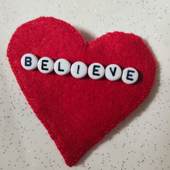 Handmade red felt believe brooch