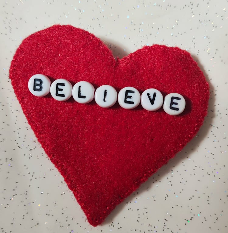 Handmade red felt believe brooch