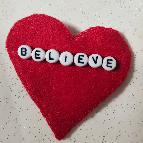 Handmade red felt believe brooch