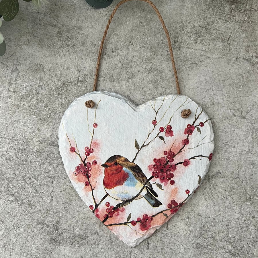 Slate Heart Hanging Decoration: Decoupage Robin & Blossom, Gift, Home Decor