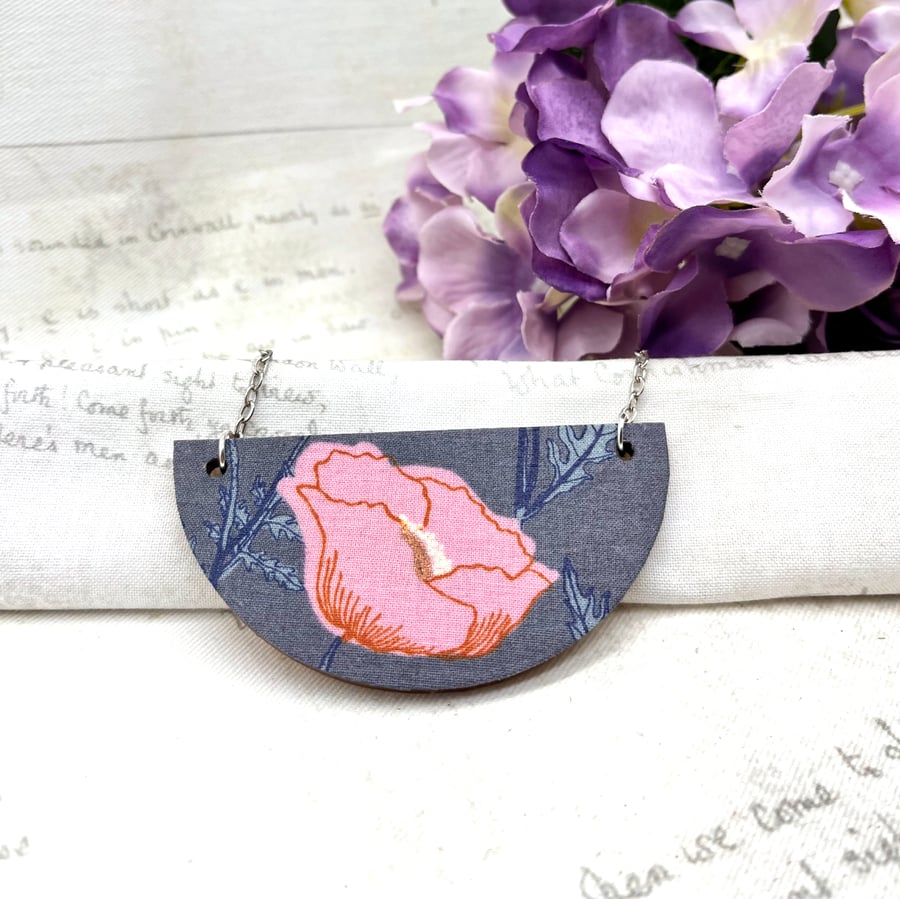 Icelandic pink poppy statement necklace fabric and plywood nature lover gifts
