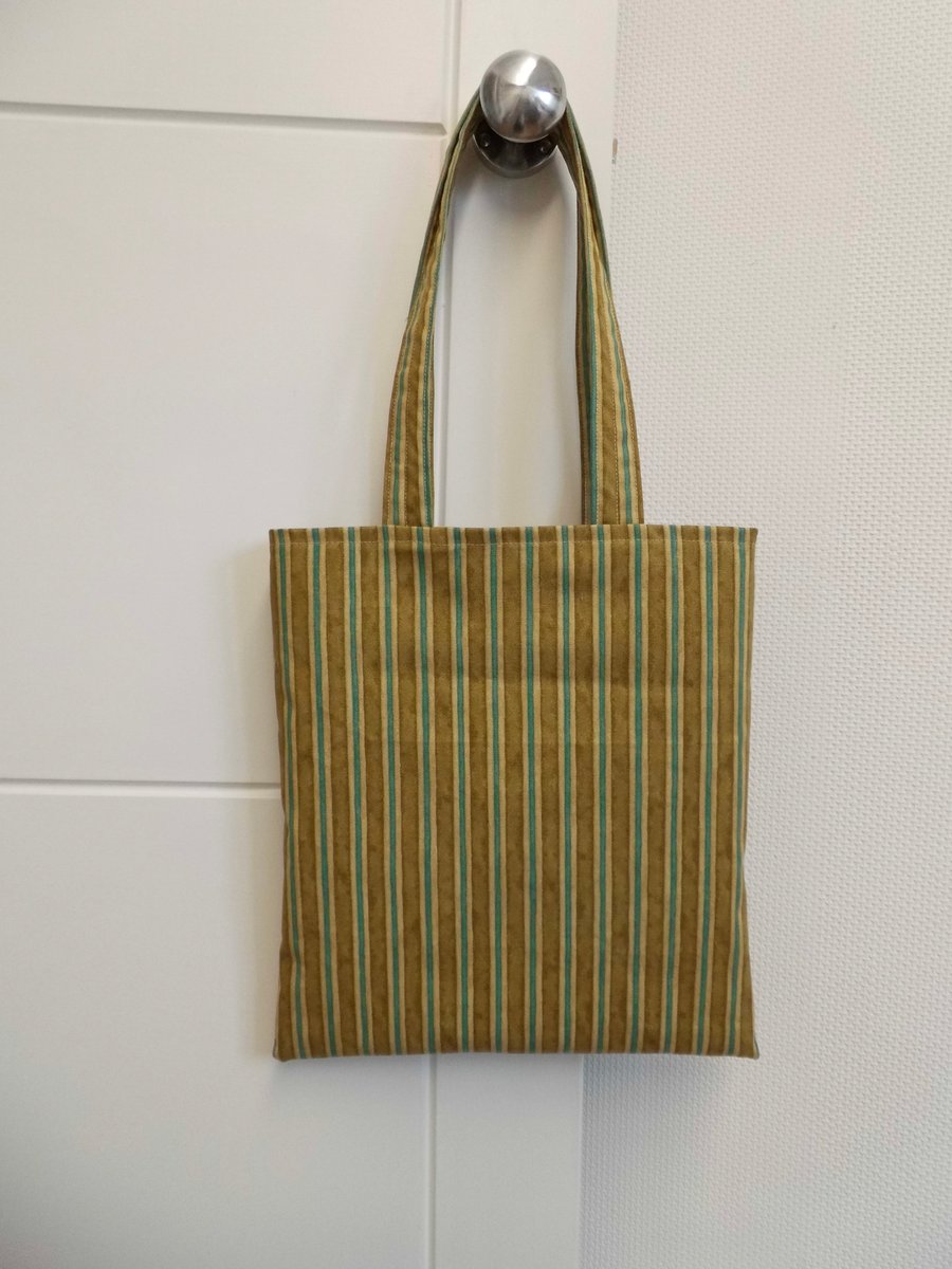 Tote bag in mustard and turquoise blue striped fabric shoulder bag