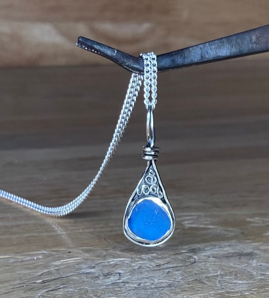 Handmade Fine & Sterling Silver Pendant with Cornflower Blue Welsh Sea Glass