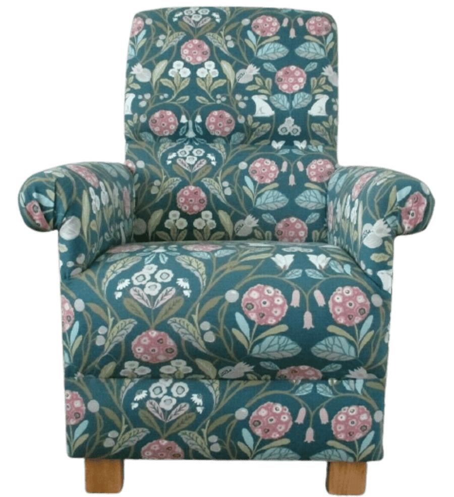 Clarke Forester Teal Fabric Adult Armchair Chair Rabbits Animals Floral Pink 