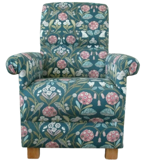 Clarke Forester Teal Fabric Adult Armchair Chair Rabbits Animals Floral Pink 