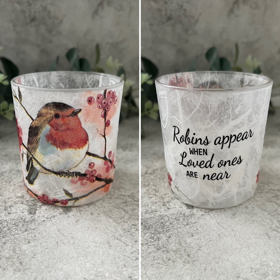 Decoupage Upcycled Glass Tea Light Holder Robins Appear when loved ones are near