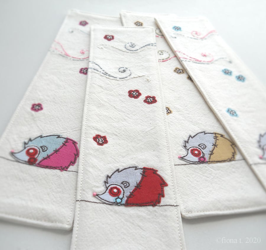freehand embroidery fabric bookmark zombie hedgehog red