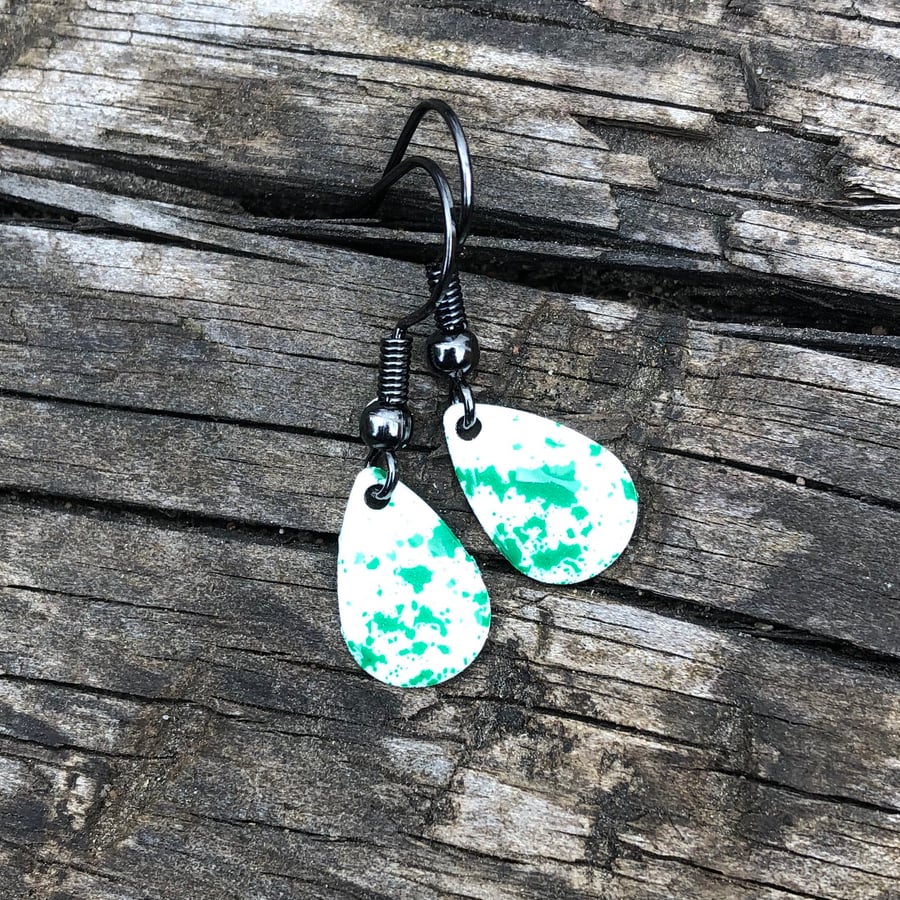 ‘Green Fairy Dust’ Enamel Teardrop Earrings. Sterling silver upgrade available. 