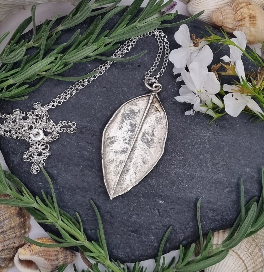Real privet leaf covered in silver pendant necklace