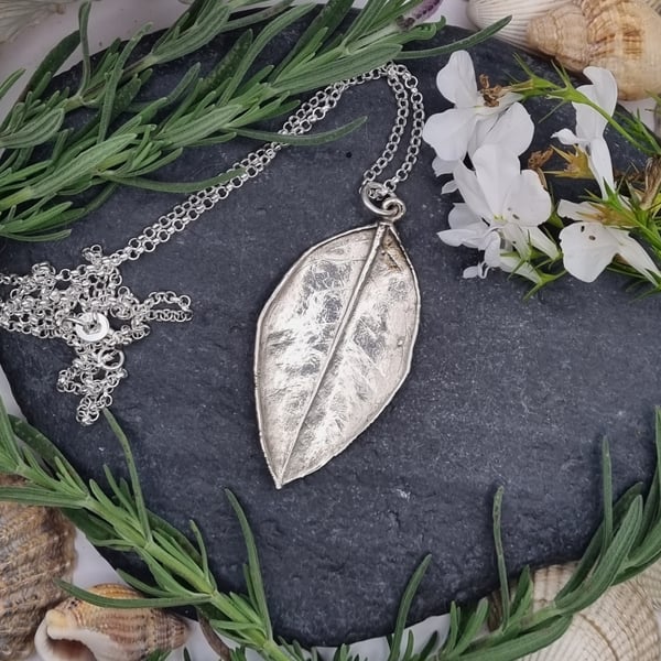 Real privet leaf covered in silver pendant necklace
