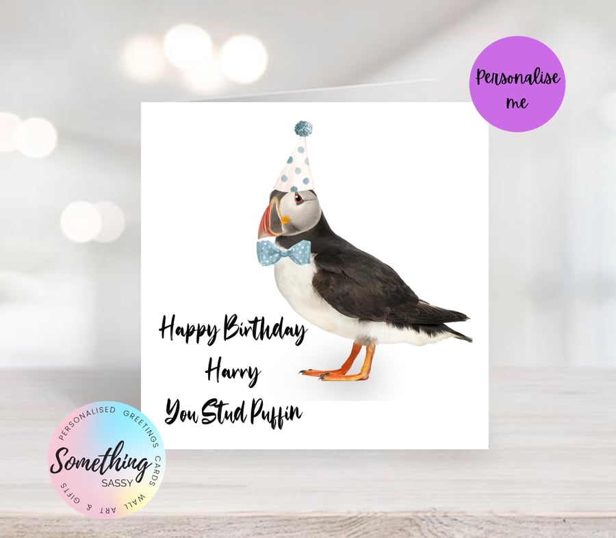 Personalised Funny Stud Puffin Birthday Card