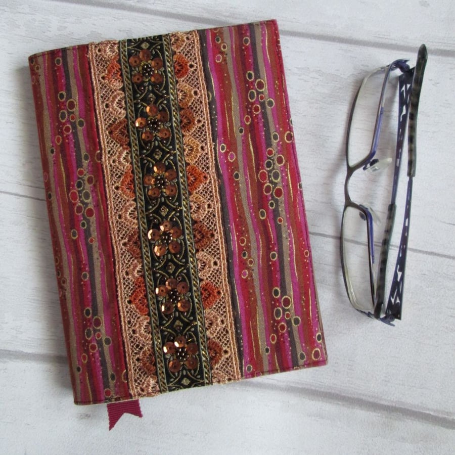 SOLD - A6 Pink, Red & Coffee Stripe Patchwork Reusable Notebook Cover