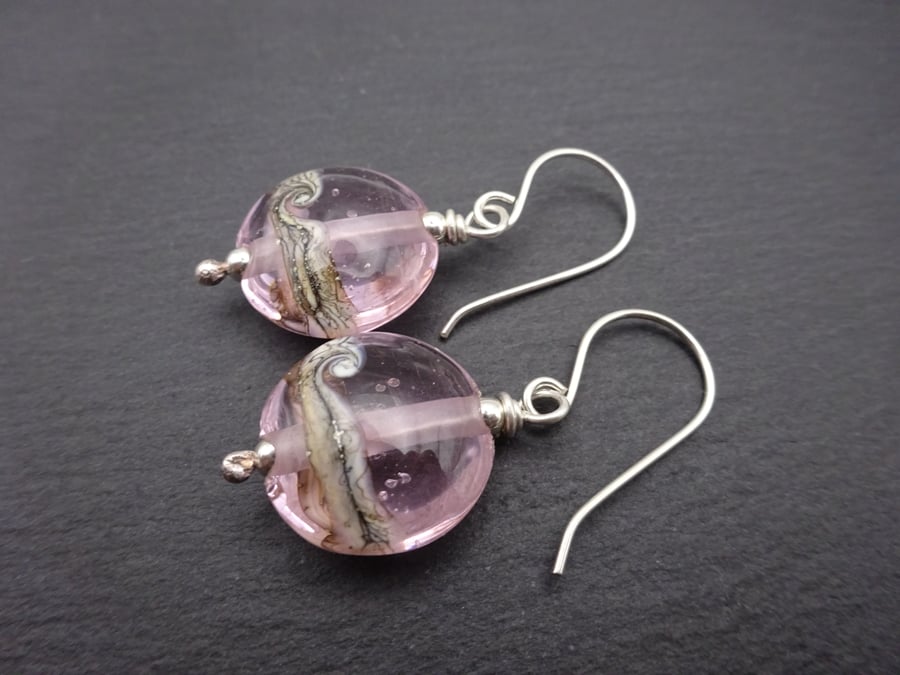 pink lampwork glass earrings, sterling silver jewellery