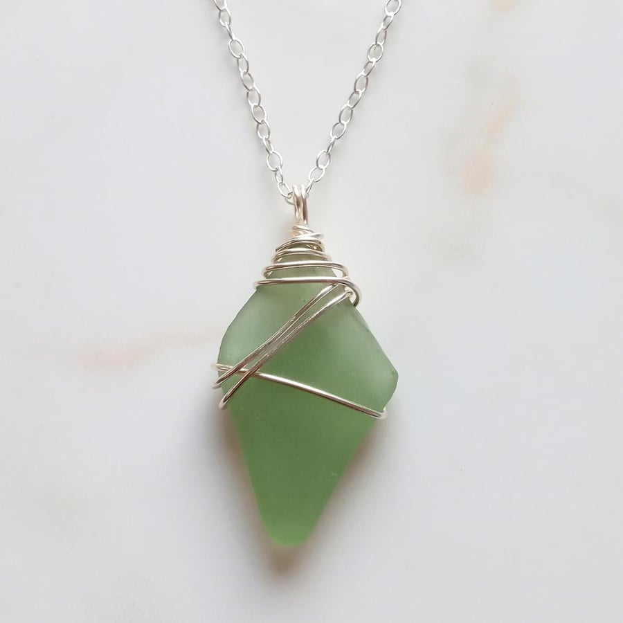 Jade green Seaglass Pendant and Chain