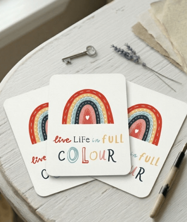 Live Life in Full Colour - Rainbow Quote Postcard & Inspirational Note Card
