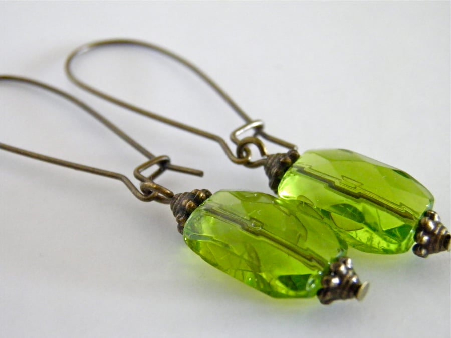 Green Earrings - Long Brass