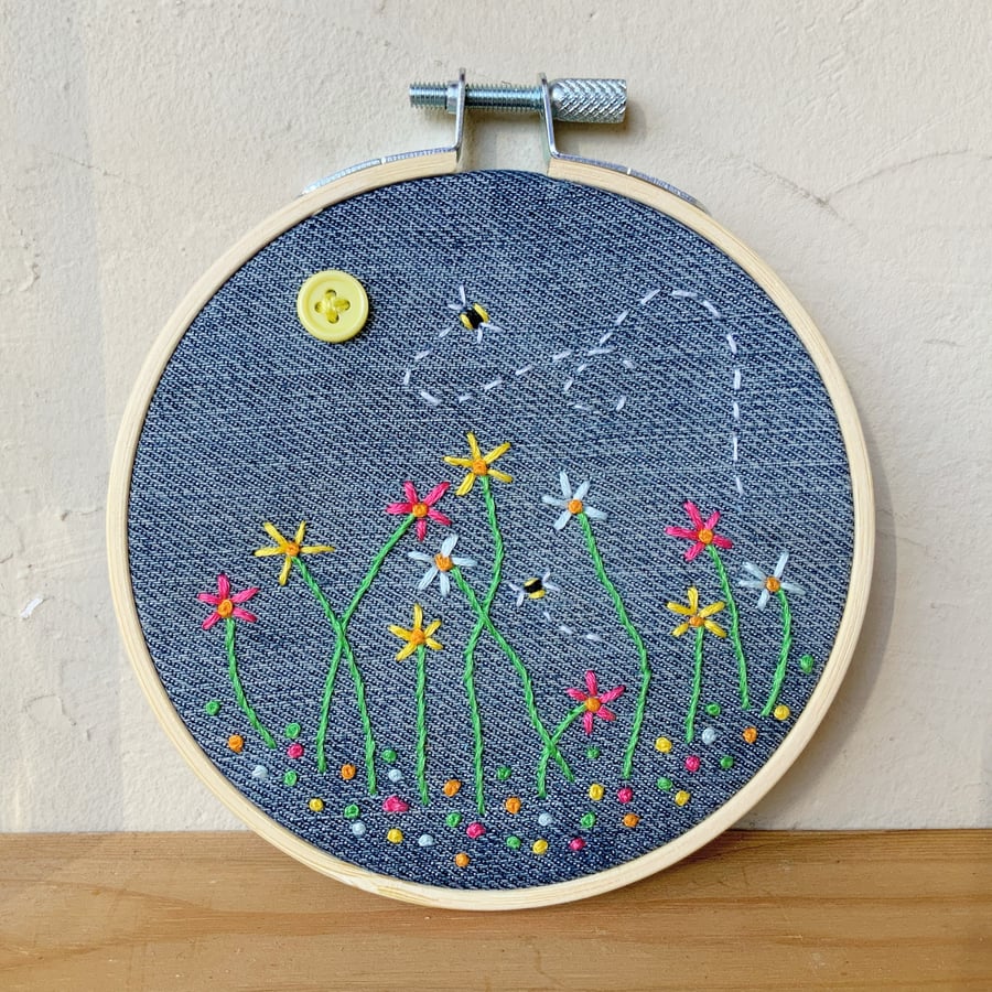 Recycled Denim. Wildflowers. Embroidered Hoop. Embroidered Flowers. Flowers.
