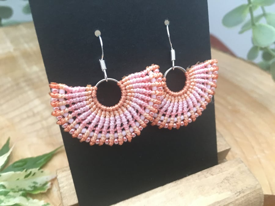 Coral and pink macrame beaded fan earrings, boho girl gift, dangle earrings